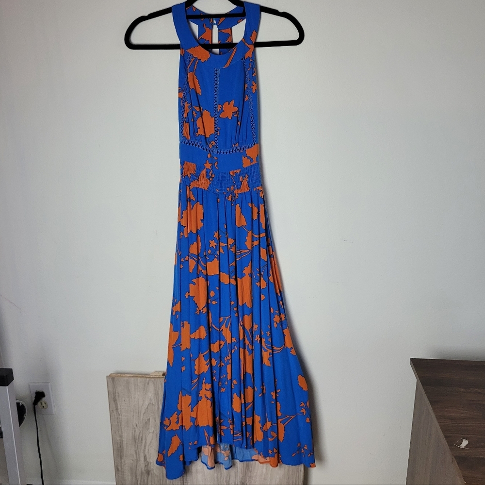 Anthropologie Blue & Orange Floral Maxi Dress - Sleeveless Halter